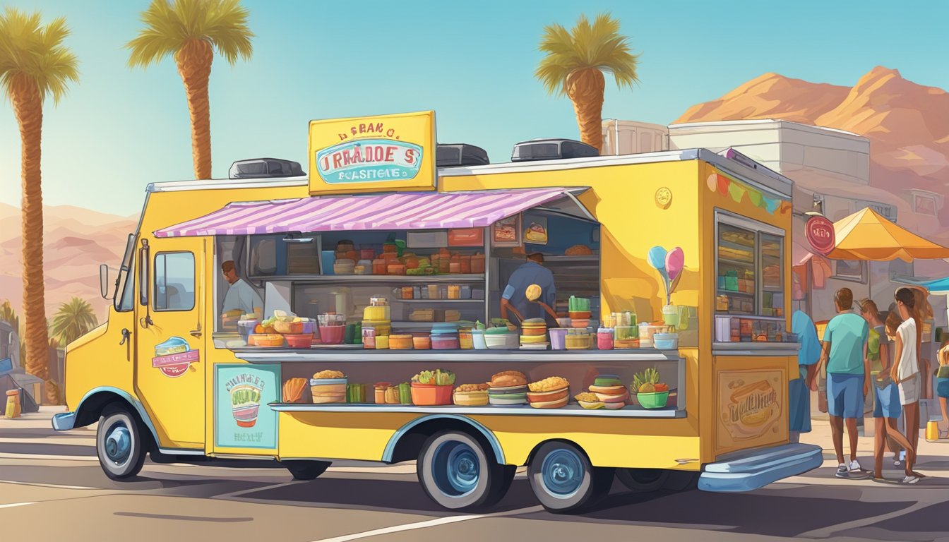 A colorful food truck parked in a bustling Paradise, Nevada street, with customers lined up and a sunny desert backdrop