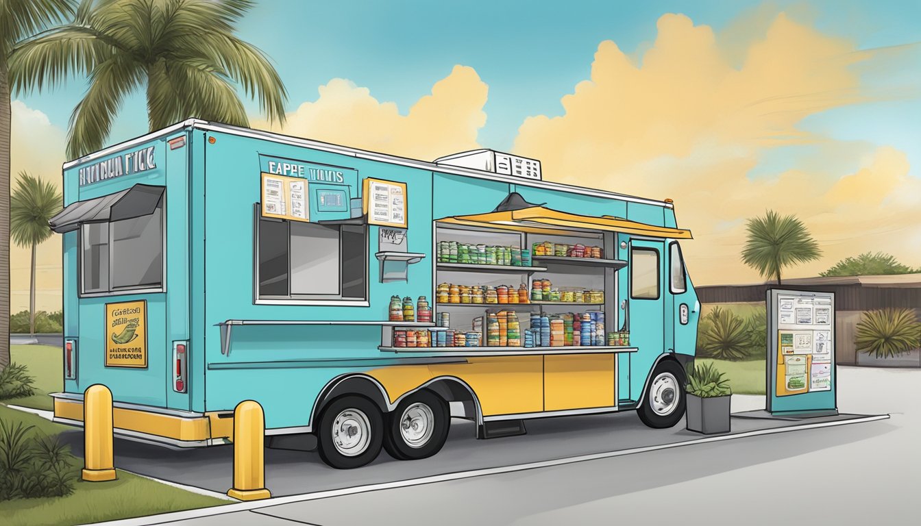 A food truck parked in a designated vending location in Cape Coral, Florida, with zoning laws signage displayed nearby