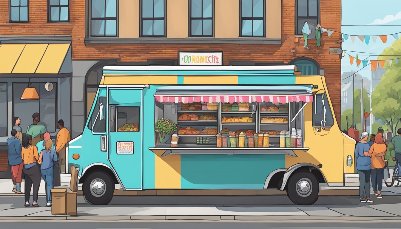 A food truck parked on a bustling street in Worcester, Massachusetts, with a line of customers waiting to order. The truck is adorned with colorful signage and a menu board