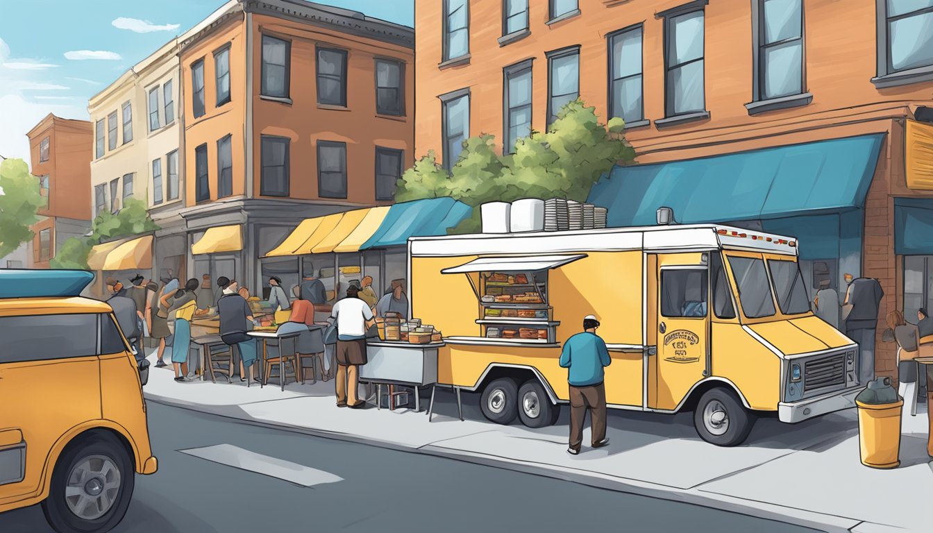 A food truck parked on a city street, surrounded by bustling activity. A chef prepares menu items while adhering to Worcester, Massachusetts food truck laws