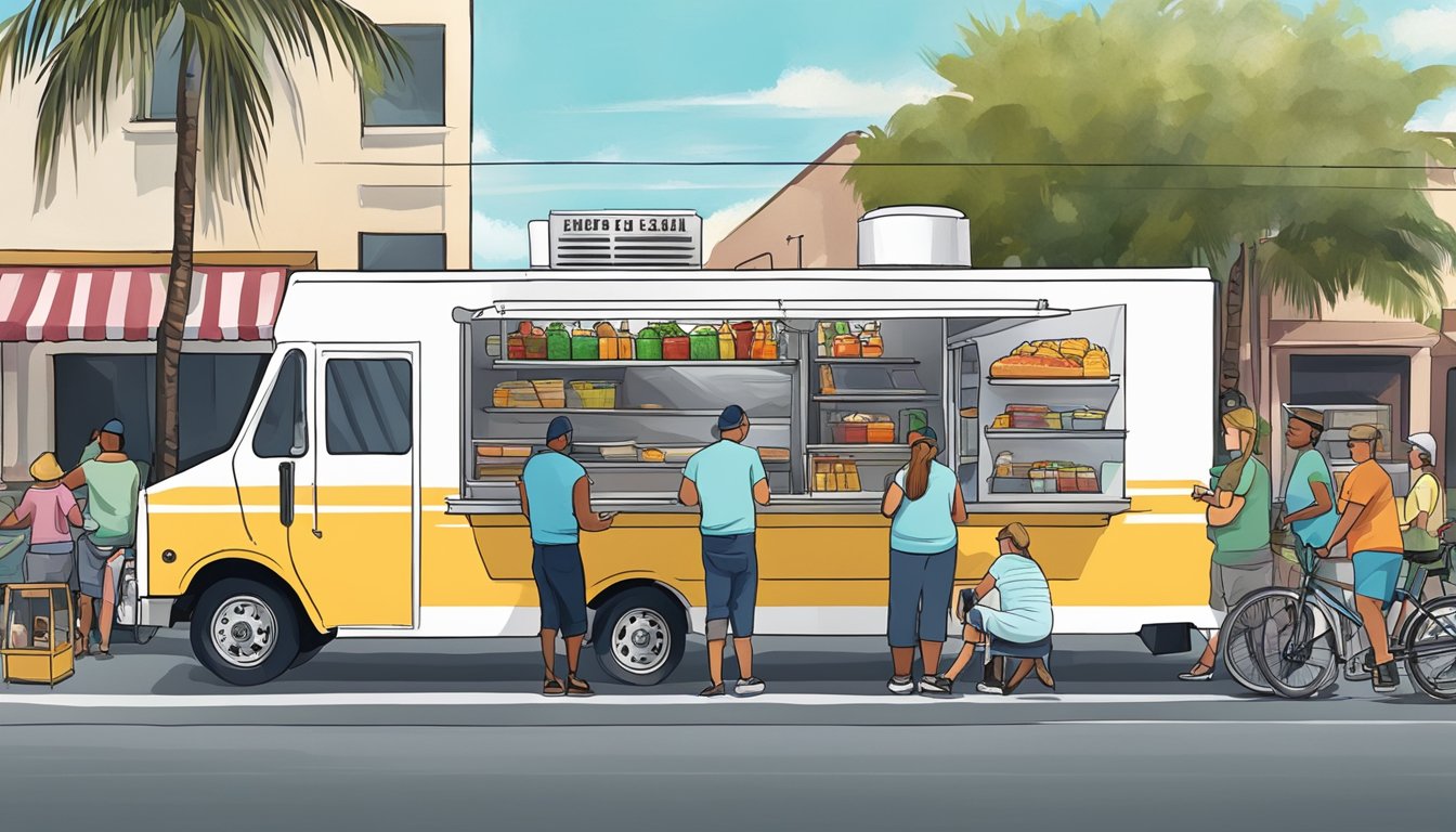 A food truck parked on a busy street in Cape Coral, Florida, with city officials conducting inspections and enforcing compliance with local food truck laws