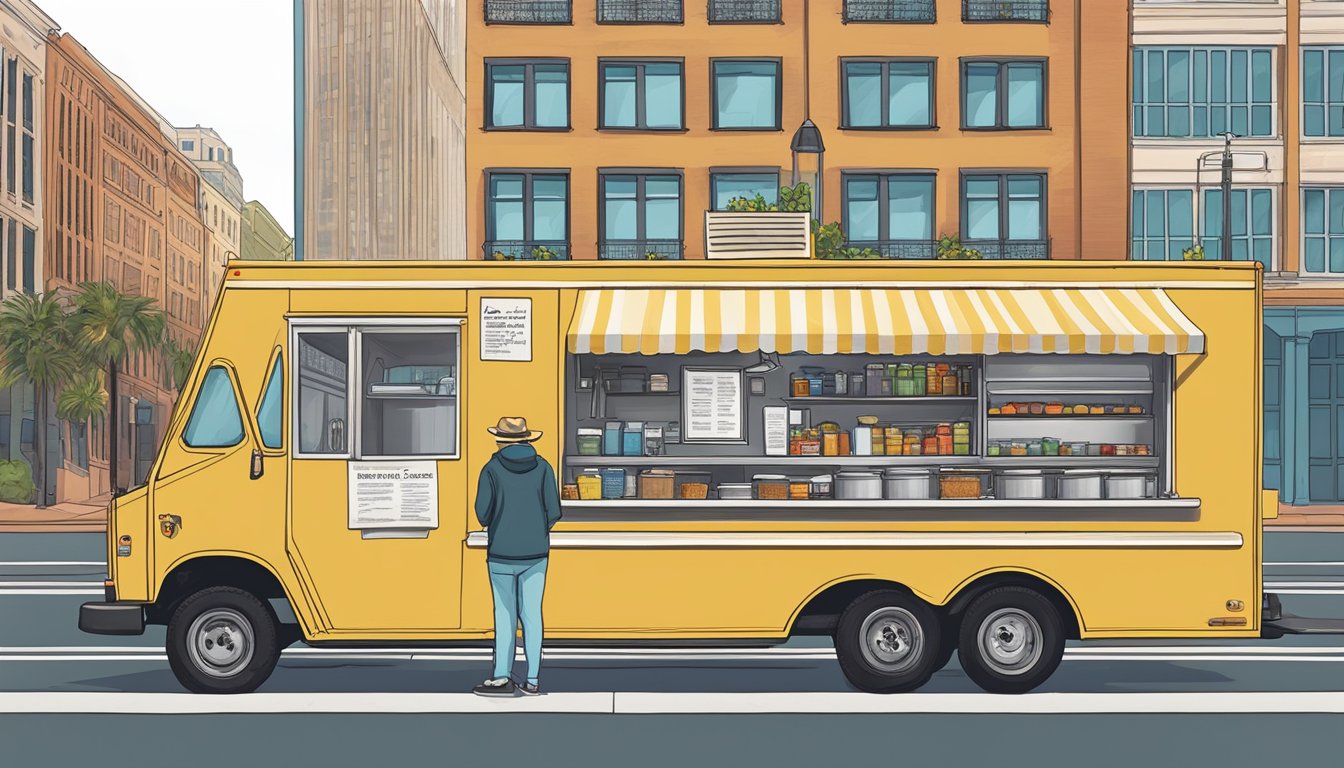 A food truck parked in downtown Jacksonville, with visible signage listing city regulations and a city official inspecting the vehicle