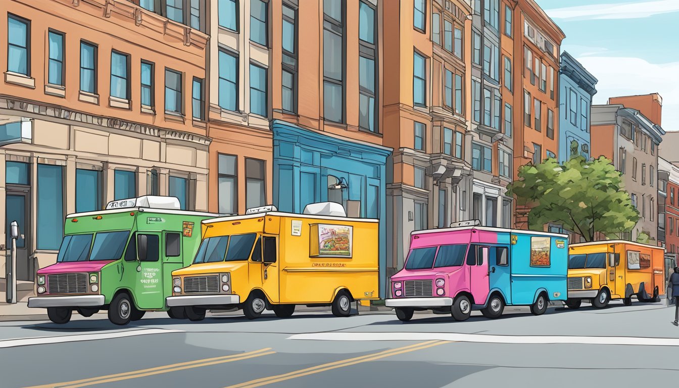 A row of colorful food trucks parked along a bustling street in Worcester, Massachusetts. A sign displaying food truck laws is visible nearby