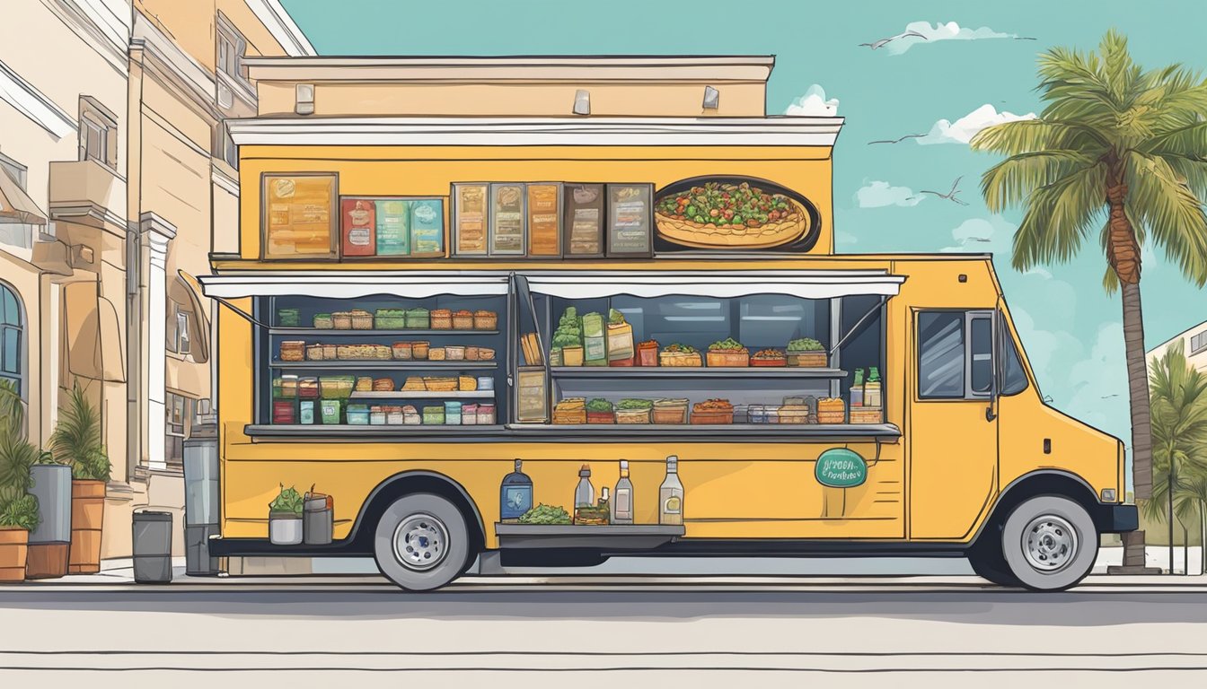 A food truck parked on a bustling street in Cape Coral, Florida, with a line of customers waiting to order. The truck displays a menu and complies with local food truck laws