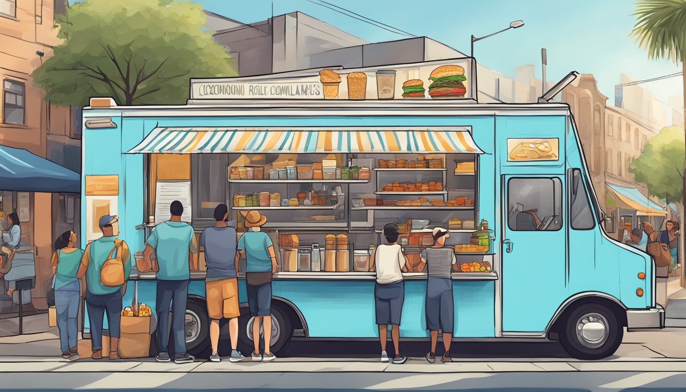 A food truck parked on a city street, surrounded by customers and complying with operational standards set by Jacksonville, Florida food truck laws