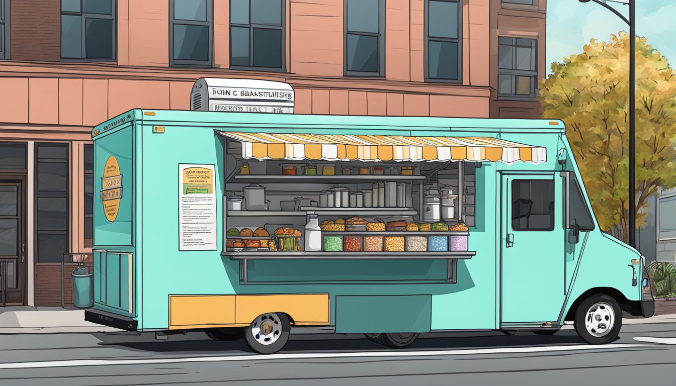 A food truck parked in Worcester, Massachusetts, displaying various regulatory and certification requirements on its exterior