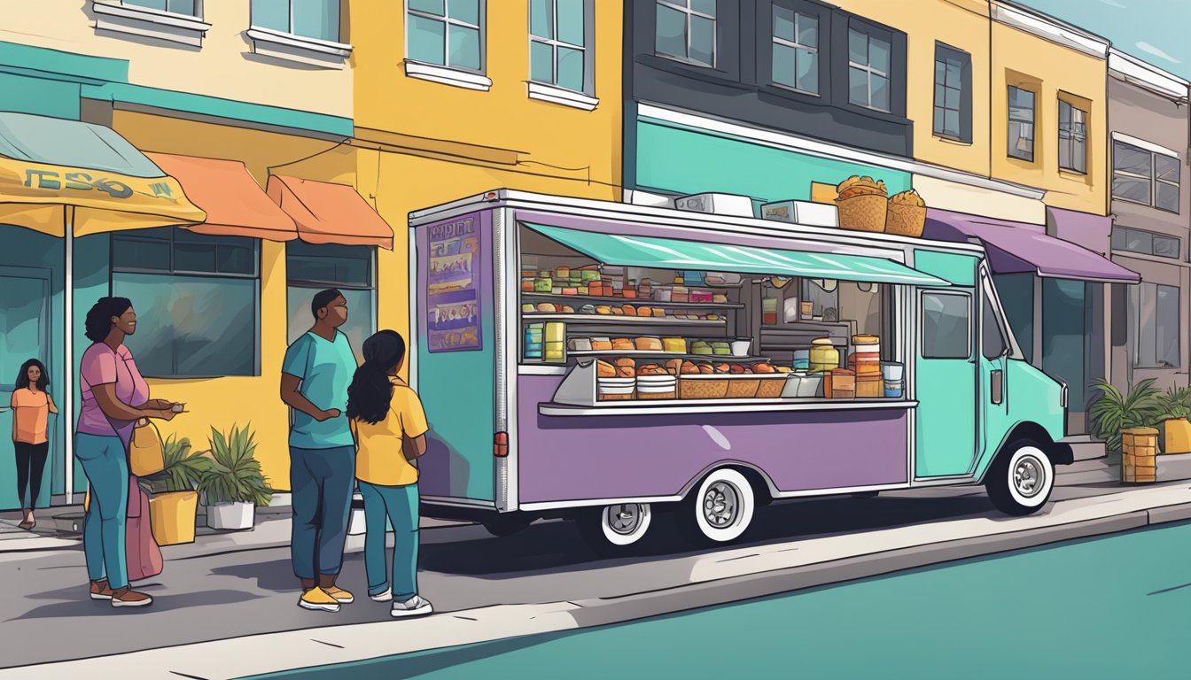 A food truck parked on a busy street in Jacksonville, Florida, with a line of customers waiting to order. Surrounding signs display local food truck laws