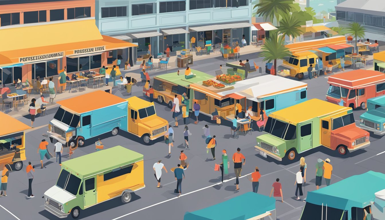 A bustling food truck park in Jacksonville, Florida, with colorful trucks lined up and customers enjoying a variety of cuisines