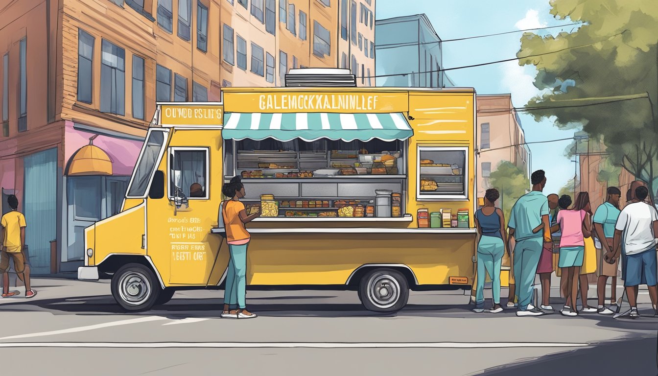 A food truck parked on a busy street in Jacksonville, Florida, with customers lined up and a city ordinance sign nearby