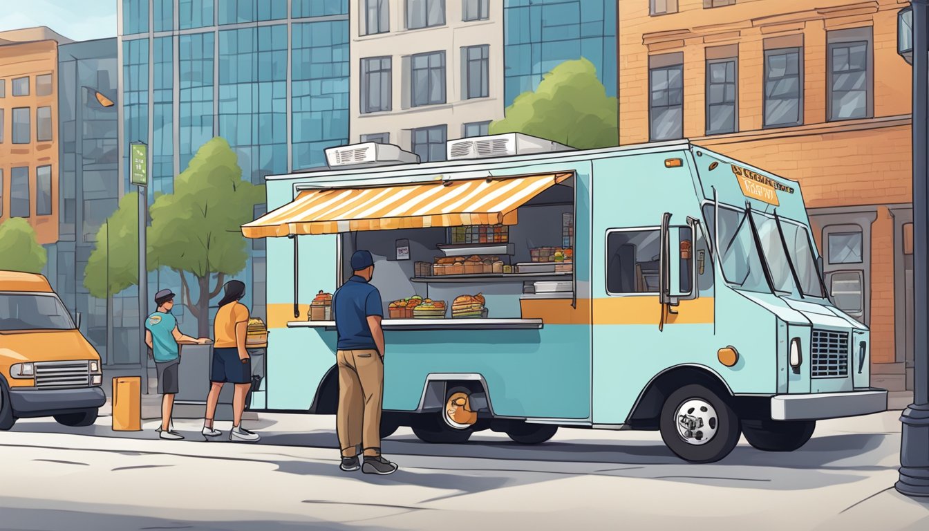 A food truck parked on a city street, surrounded by signage displaying North Carolina food truck regulations. A city official inspects the truck while the owner looks on