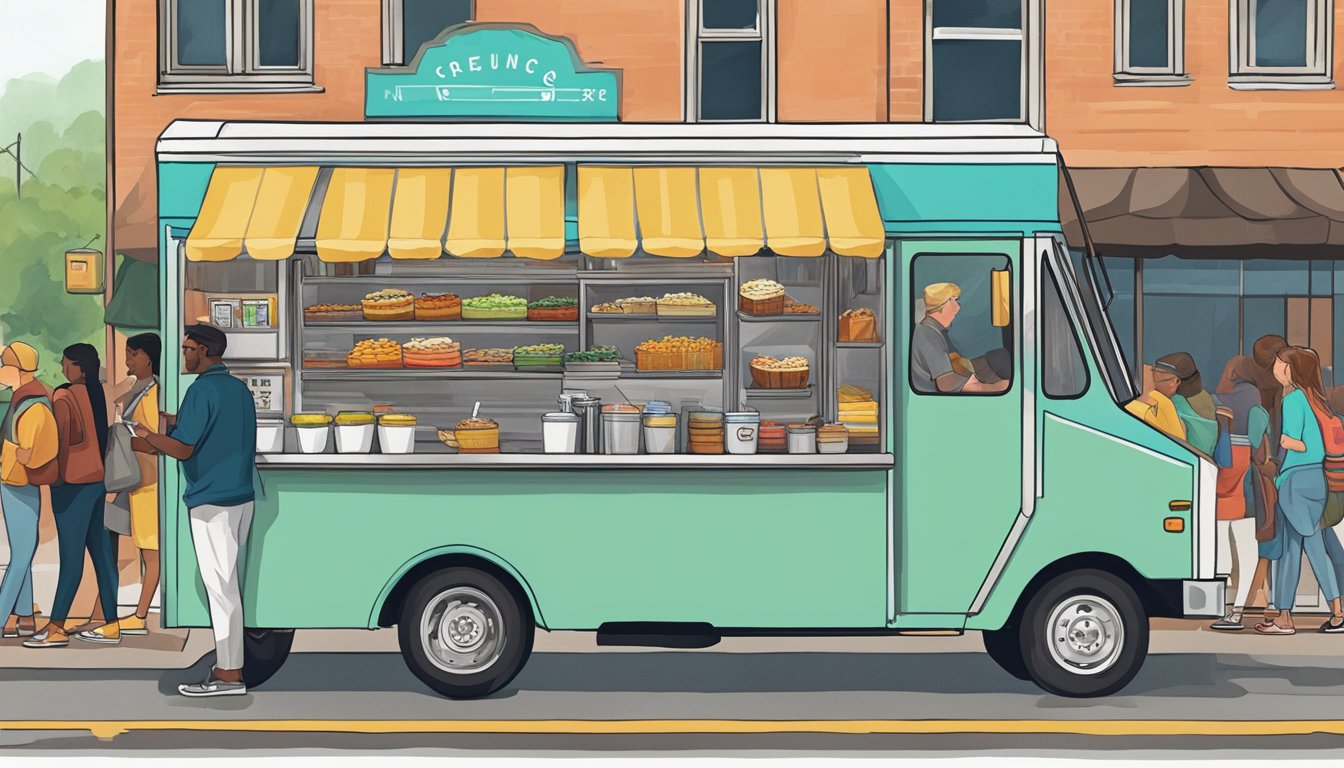 A food truck parked on a bustling street in Winston-Salem, with a line of customers eagerly waiting to order from the colorful and inviting menu