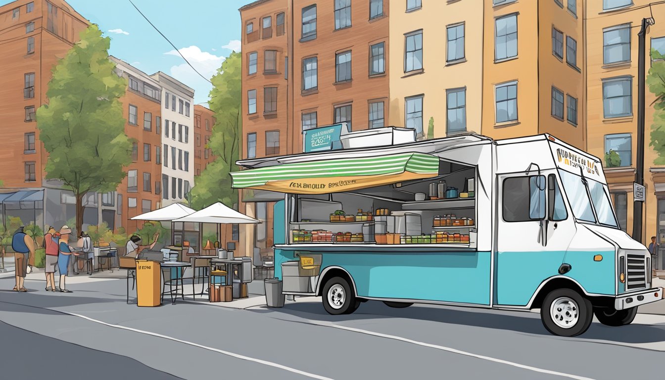 A food truck parked at a bustling street corner, with a variety of cooking equipment, utensils, and facilities set up for preparing and serving food in compliance with Worcester, Massachusetts food truck laws