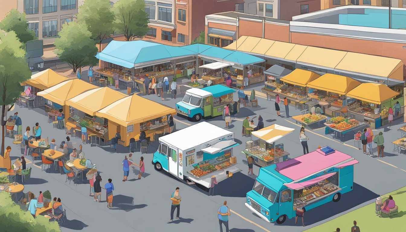 A bustling food truck park in Winston Salem, NC, with colorful trucks lined up and customers enjoying a variety of cuisines