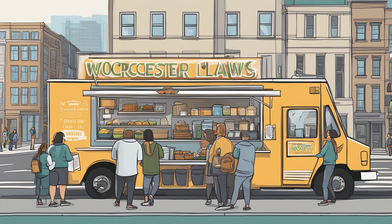 A food truck parked on a city street, with a line of customers waiting to order. The truck displays a sign with the words "Worcester Food Truck Laws" prominently featured