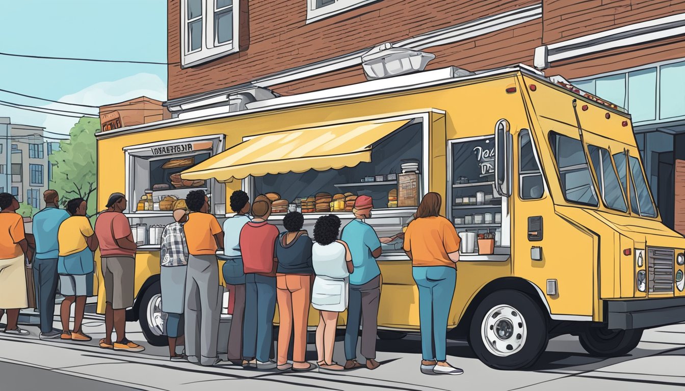 A food truck parked on a busy street in Winston Salem, North Carolina, with a line of customers waiting to order