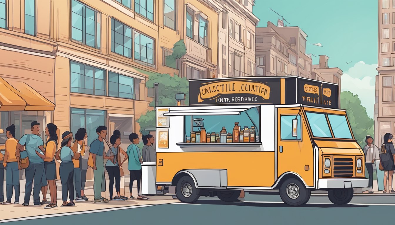 A food truck parked on a city street, with a line of customers waiting to order. A city official stands nearby, inspecting the truck for compliance with local regulations