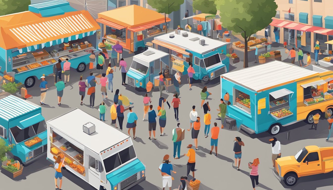 A bustling food truck park in Winston-Salem, North Carolina, with colorful trucks and enthusiastic customers. Signs display marketing and branding strategies for food truck owners