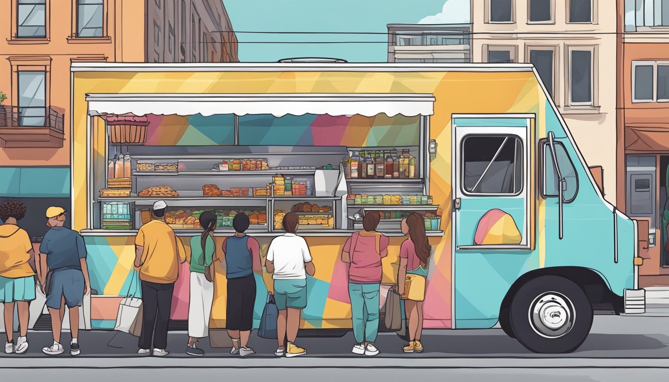 A colorful food truck parked on a bustling street in Little Rock, Arkansas, with a line of customers eagerly waiting to order