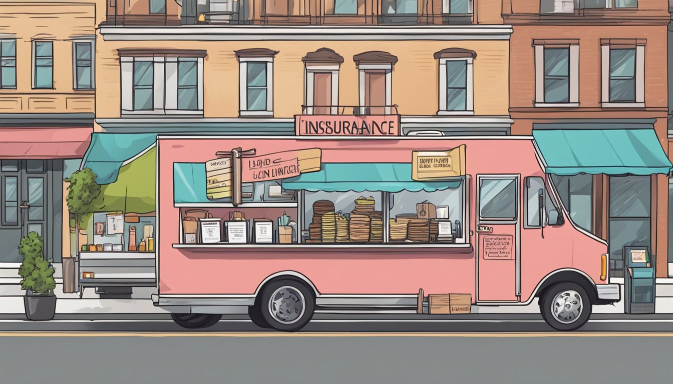 A food truck parked on a city street, with a sign displaying insurance and liability information. Customers lined up to order