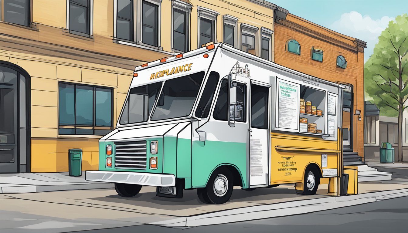 A food truck parked in downtown Little Rock, Arkansas, with signs displaying compliance with local and state regulations