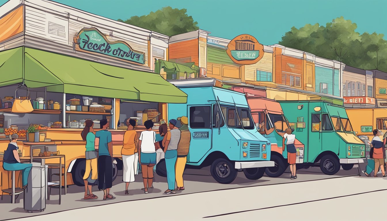 A bustling food truck park in Little Rock, Arkansas, with trucks lined up and customers enjoying a variety of cuisines