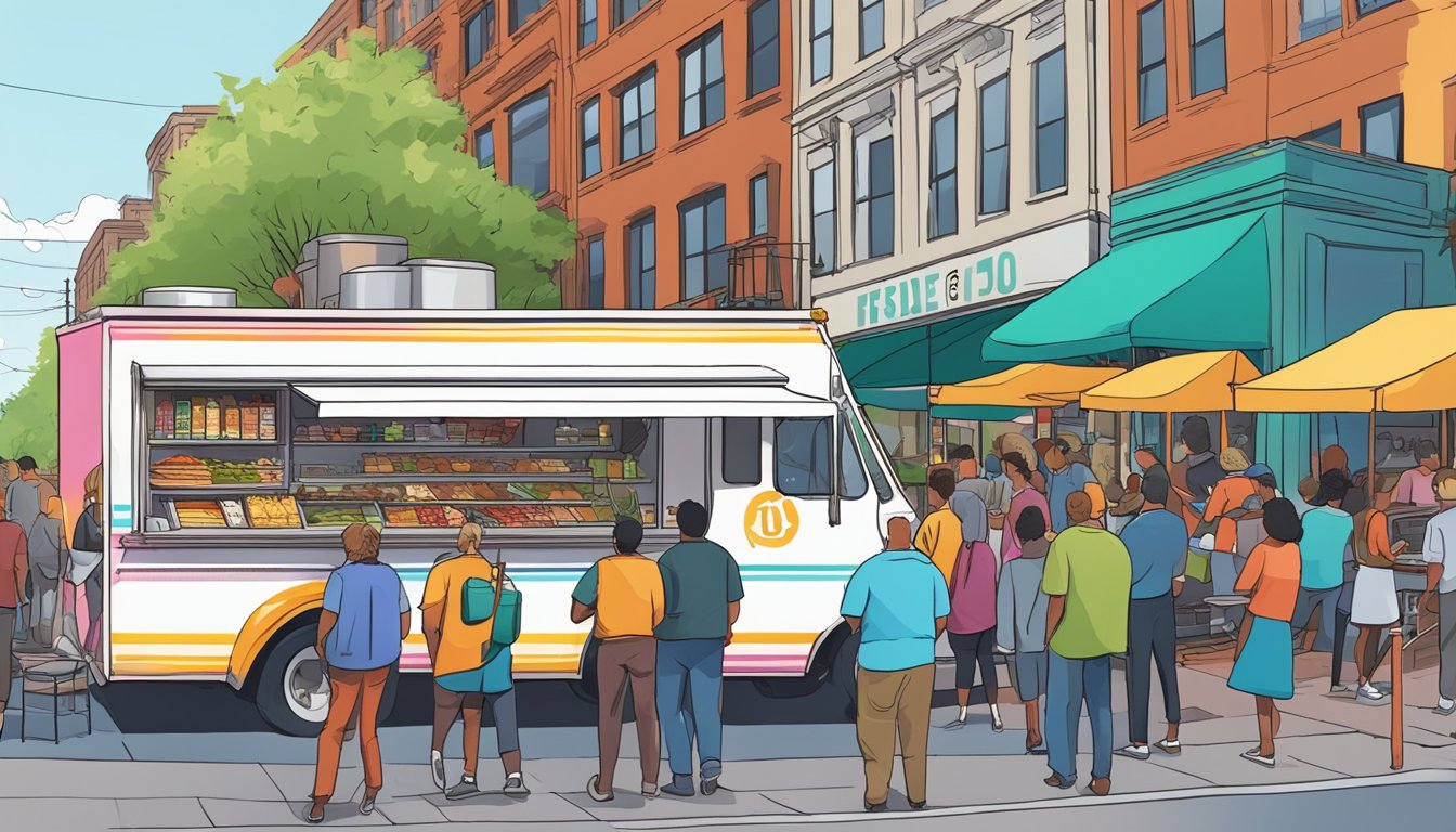 A food truck parked on a bustling Boston street, surrounded by eager customers and colorful signage, in compliance with local food truck laws