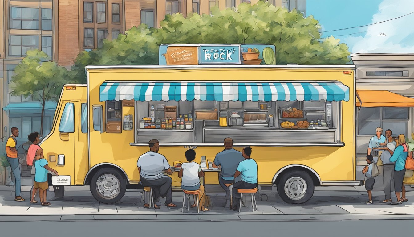 A food truck parked on a city street, surrounded by customers and city officials discussing food truck laws in Little Rock, Arkansas