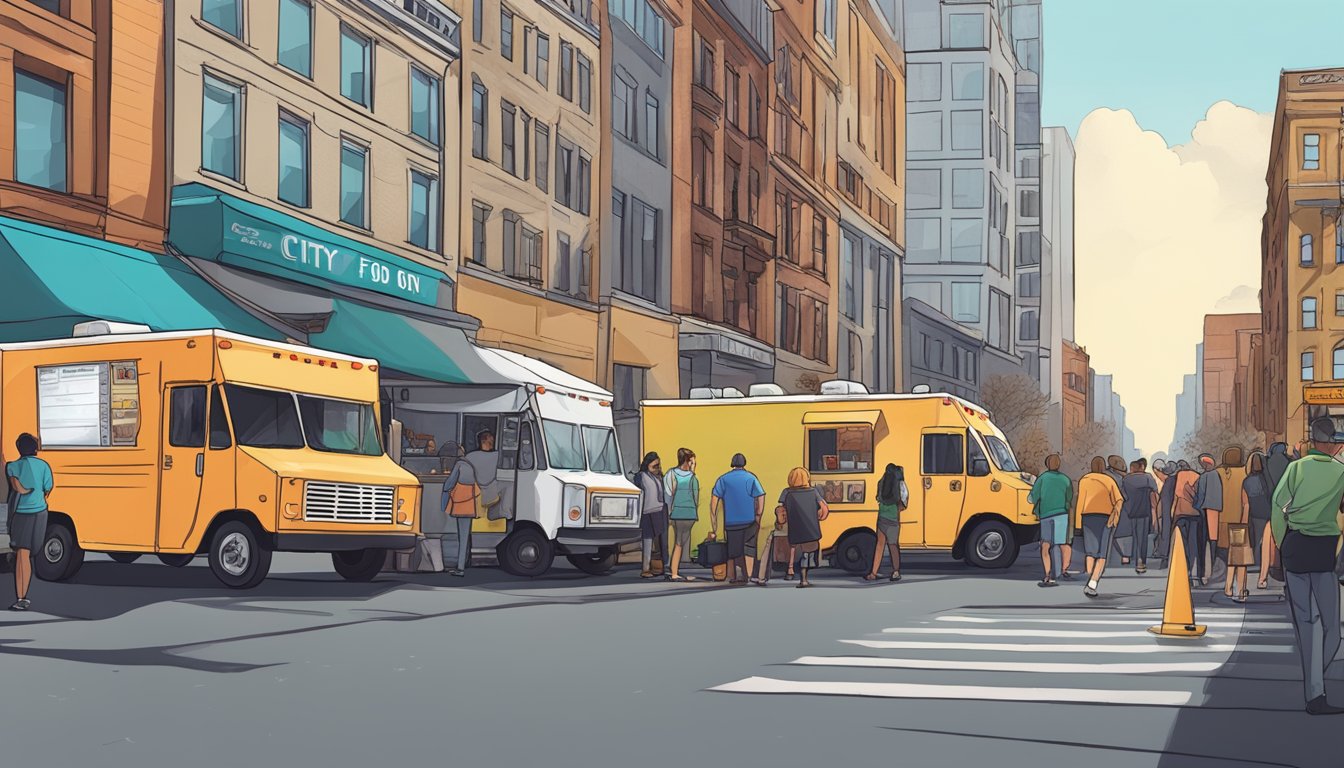 A row of food trucks lined up on a city street, surrounded by bustling activity and signage displaying Jersey City food truck laws