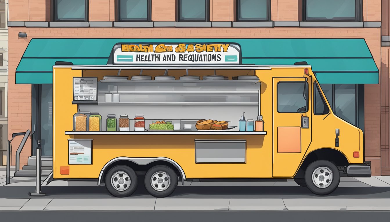 A food truck parked next to a city sidewalk, with a checklist of health and safety regulations displayed prominently on the exterior