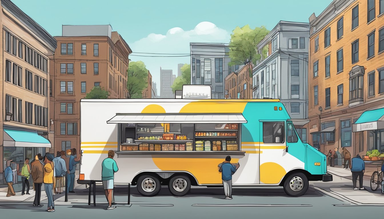 A food truck parked on a city street, surrounded by customers and complying with Boston, Massachusetts food truck laws