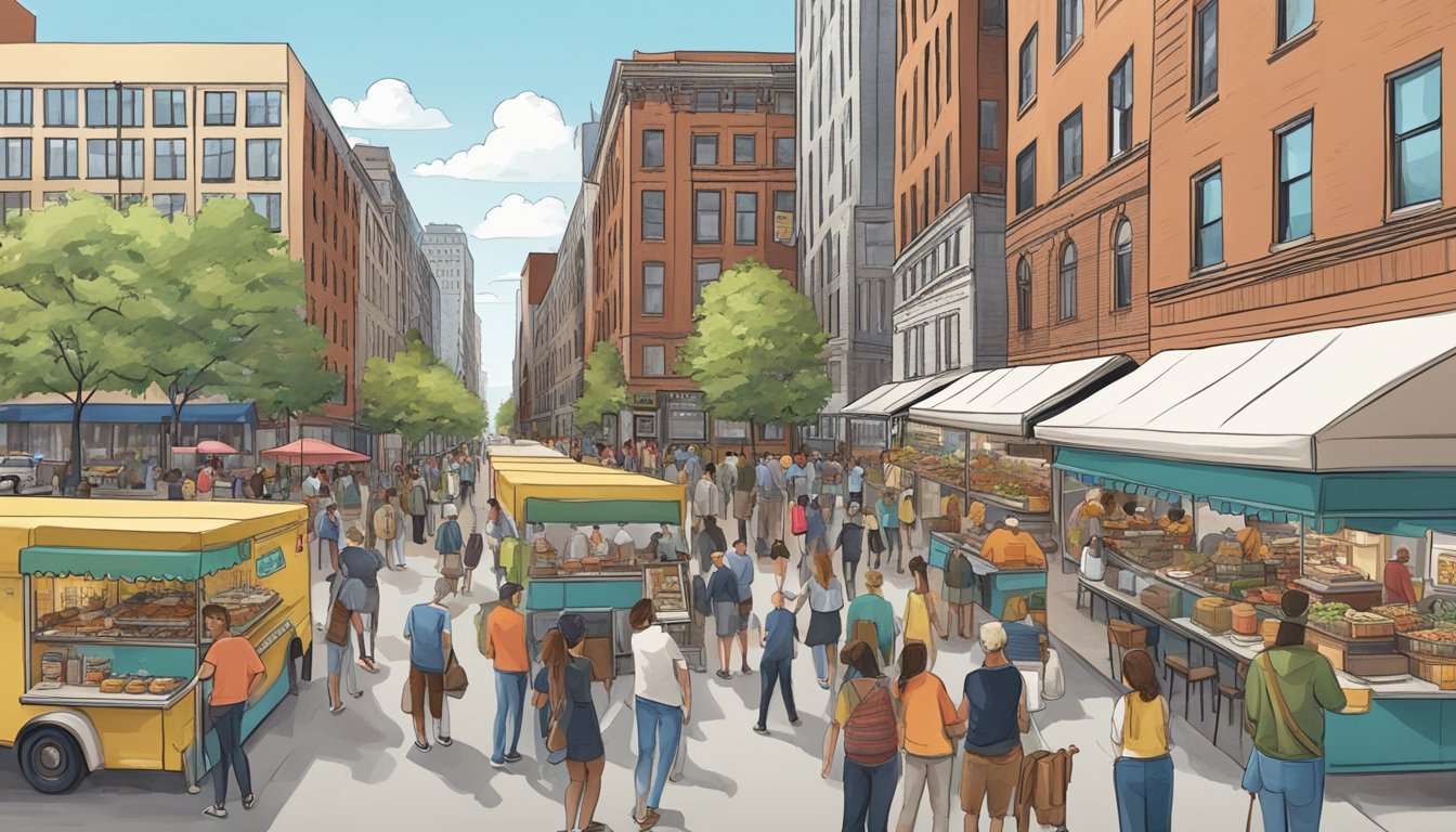 A bustling city street with food trucks lined up, serving a variety of cuisines to a diverse crowd in Boston, Massachusetts