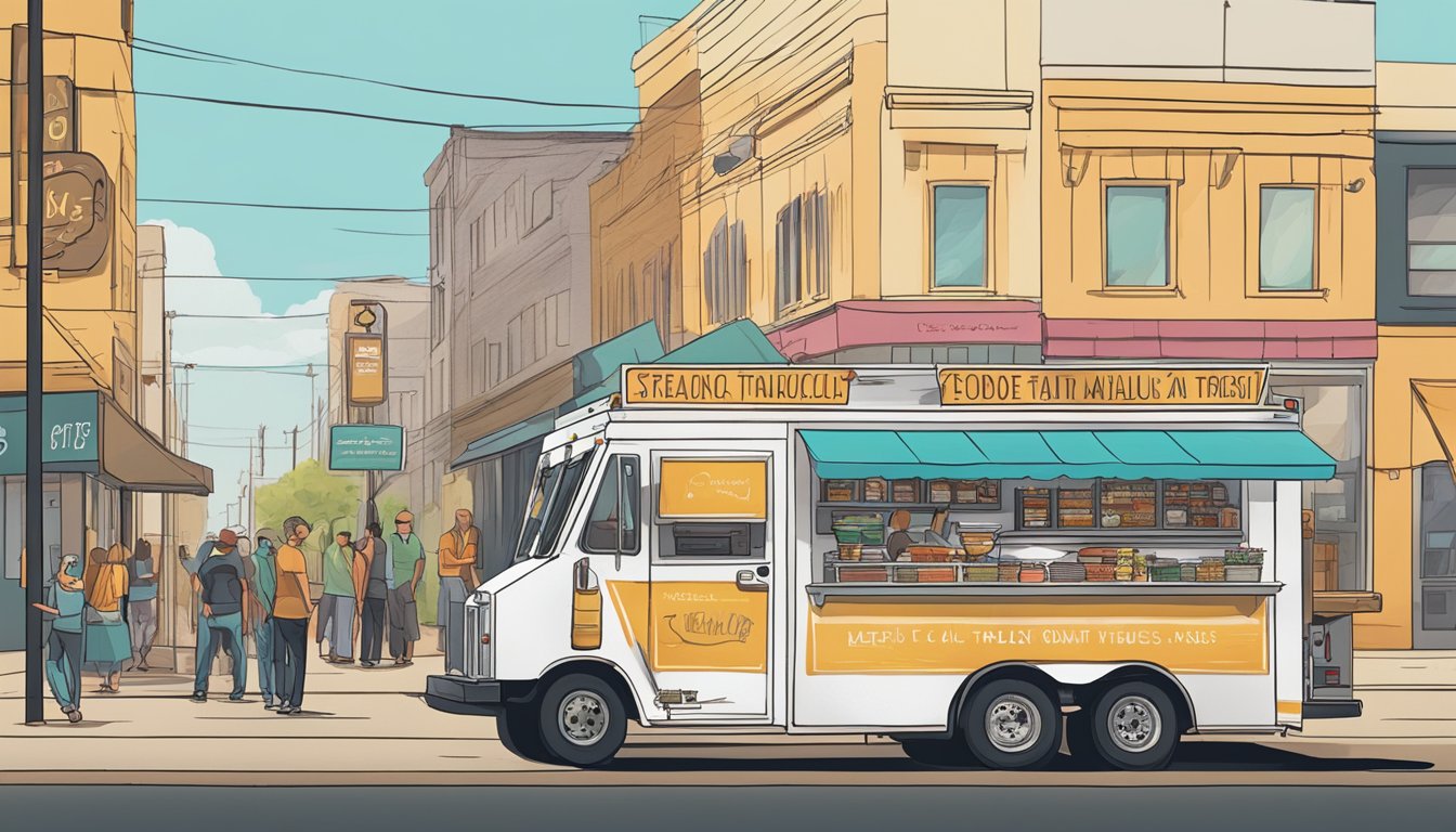 A food truck parked on a busy street in Amarillo, Texas, with customers lined up and a sign displaying the menu