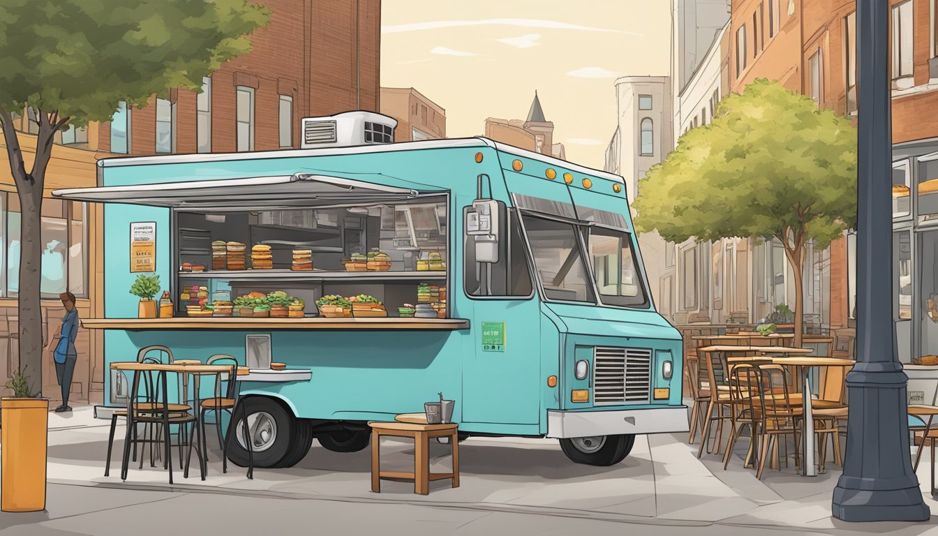 A food truck parked on a city street in Lincoln, Nebraska, surrounded by small tables and chairs with a sign displaying food truck laws