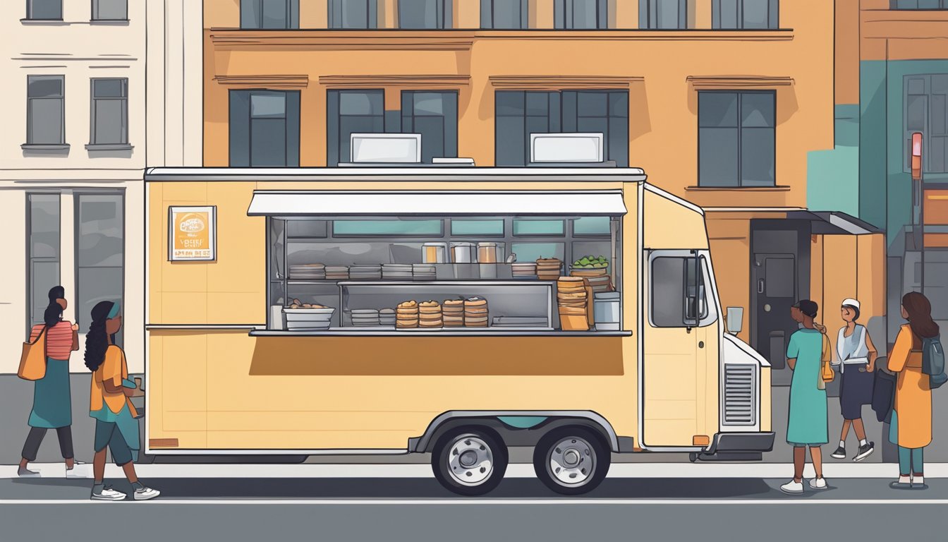 A food truck parked near a city street, with a line of customers waiting to order. The truck displays required permits and follows all city regulations