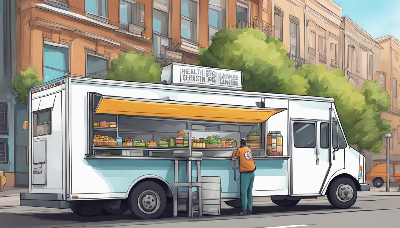 A food truck parked on a city street, with a health inspector examining the cleanliness and compliance with sanitation laws