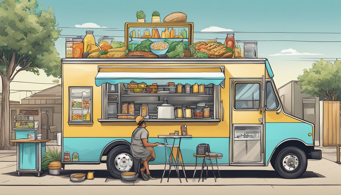 A food truck parked in Amarillo, Texas, with a chef preparing food inside while following food safety laws