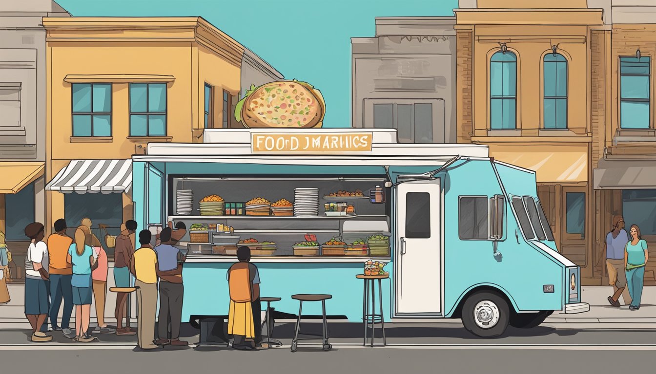 A food truck parked on a busy street in Amarillo, Texas, with a line of customers waiting to order. The truck displays a menu of popular dishes, while city regulations are posted nearby