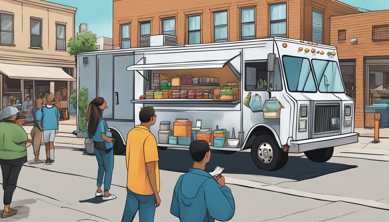 A food truck parked on a busy street in Lincoln, Nebraska, with a city official inspecting its compliance with local food truck laws