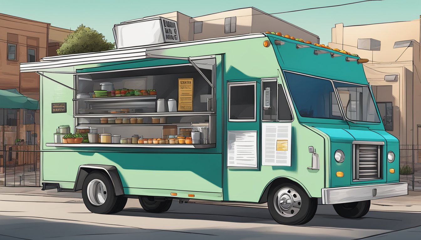 A food truck parked in El Paso, Texas, with a city permit displayed prominently and a health inspection certificate visible