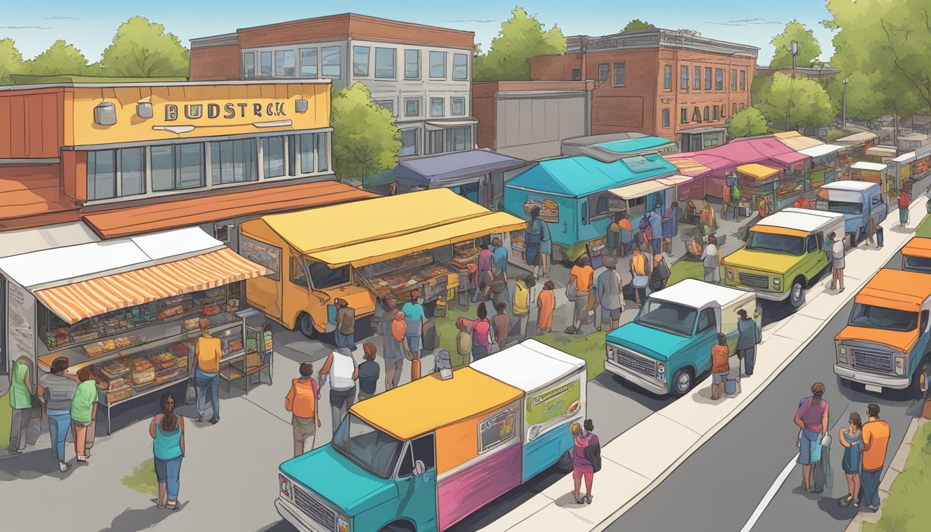 A bustling food truck park in Lincoln, Nebraska, with colorful trucks lined up, customers waiting in line, and a sign displaying local food truck laws