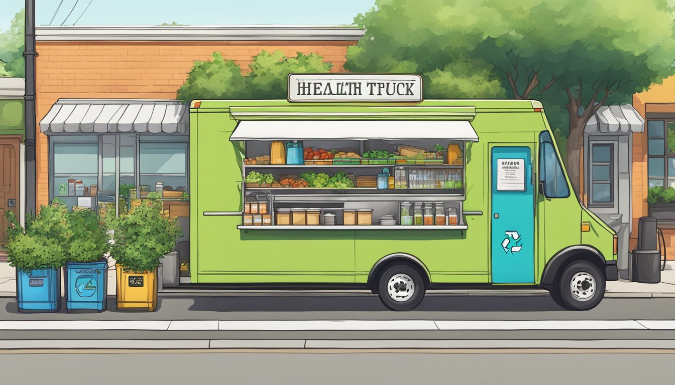 A food truck parked on a bustling street, surrounded by greenery and recycling bins, with a sign displaying health and environmental regulations