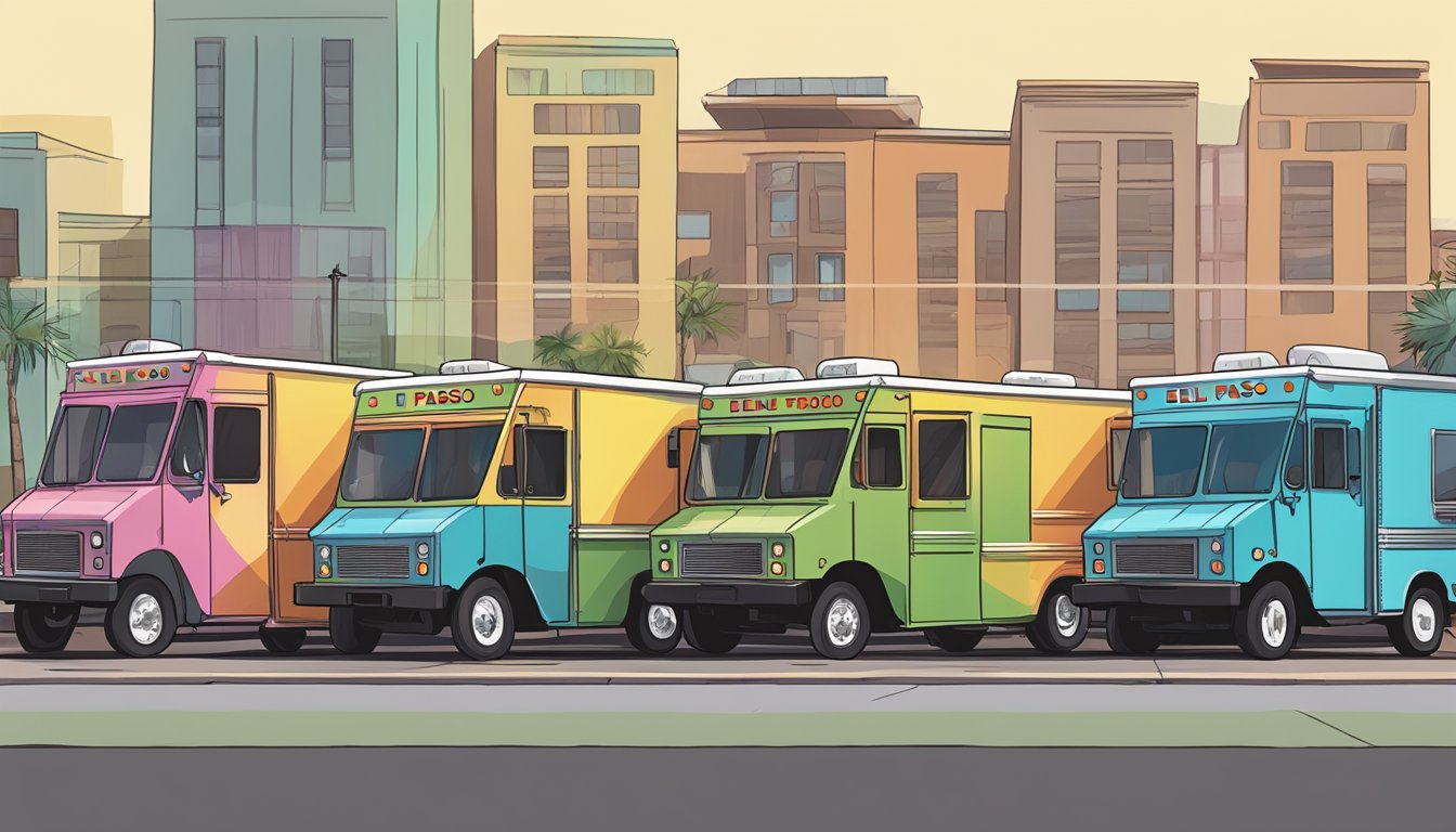 A row of colorful food trucks parked in a designated area, with clear signage displaying the operational guidelines for El Paso food trucks