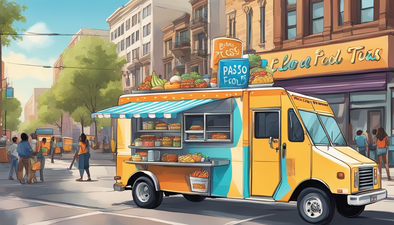 A colorful food truck parked in front of a bustling city street, with a large sign displaying "El Paso, Texas Food Truck Laws" prominently featured