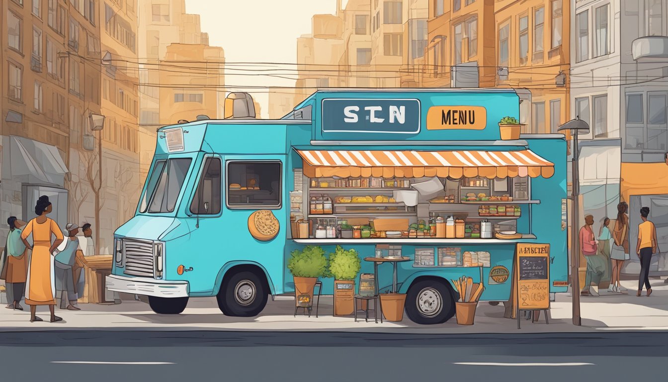 A food truck parked on a city street, surrounded by a mix of people and other food vendors. A sign displays the truck's name and menu