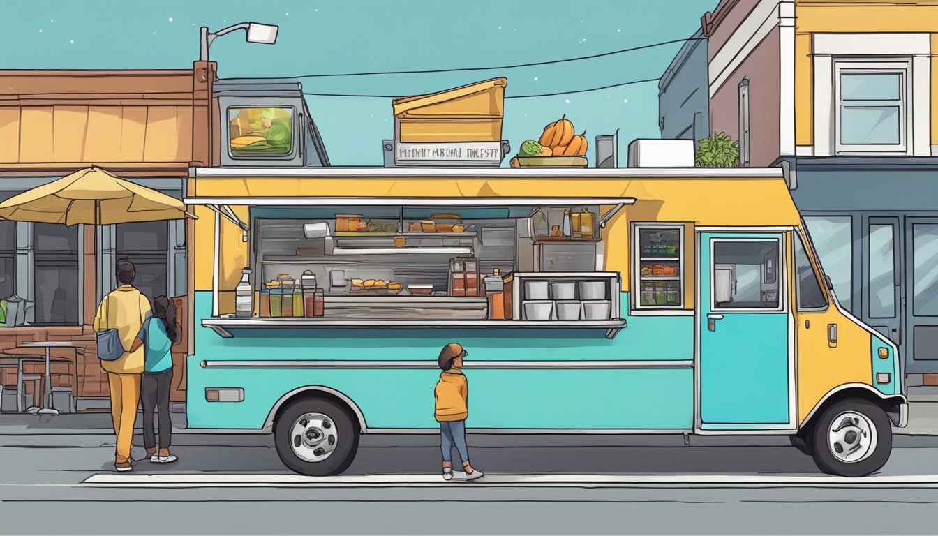 A food truck parked on a city street, surrounded by customers and complying with Vancouver, Washington food truck laws