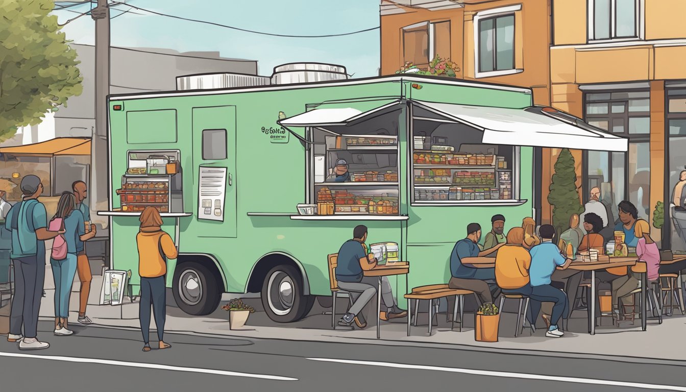 A food truck parked on a city street, surrounded by customers ordering and eating food. The truck displays Vancouver, Washington food truck laws and specifications prominently