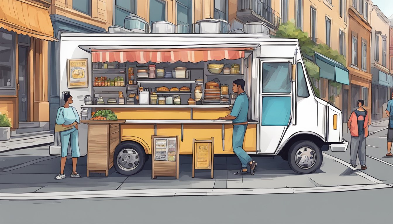 A food truck parked on a city street, surrounded by customers and complying with local laws and regulations