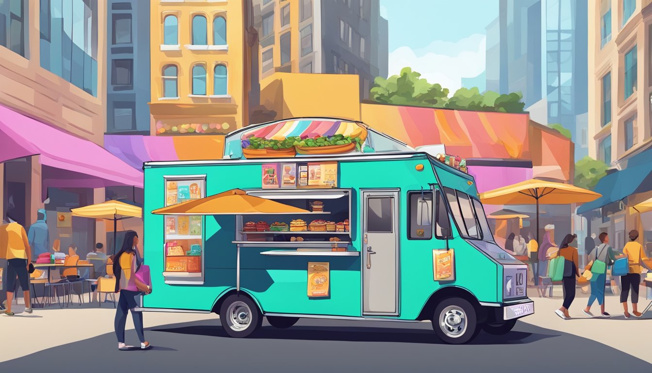 A food truck parked on a city street, surrounded by bustling pedestrians and colorful signage, with a mix of food vendors nearby