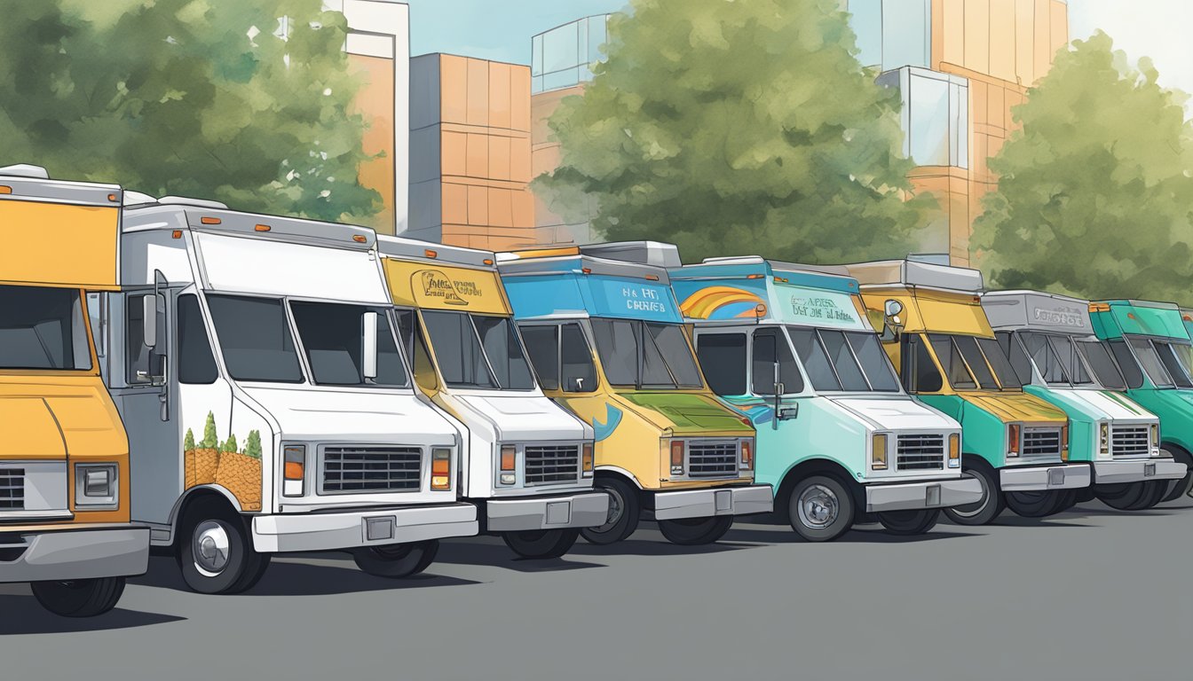 A row of food trucks parked in a designated area in Vancouver, Washington, with signs displaying compliance with Clark County and City of Vancouver food truck laws