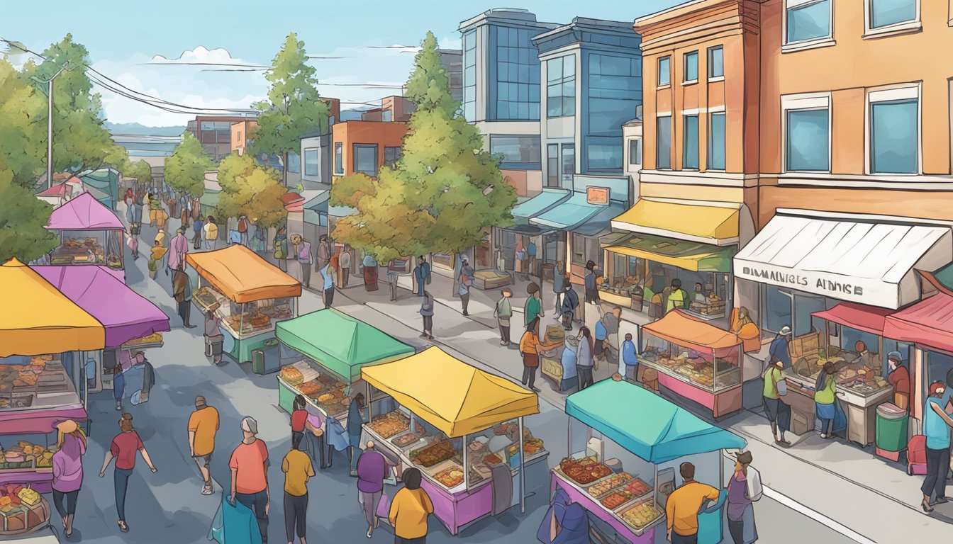 A bustling street lined with colorful food trucks offering diverse cuisine under the clear skies of Vancouver, Washington